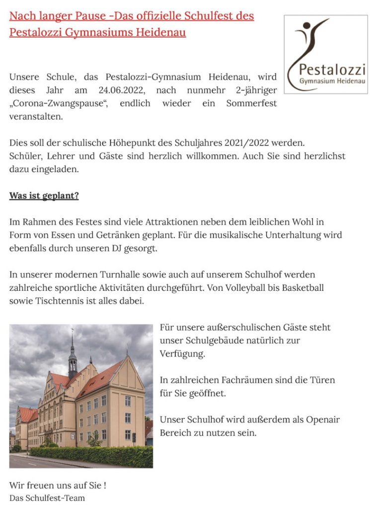 Das offizielle Schulfest des Pestalozzi Gymnasiums Heidenau